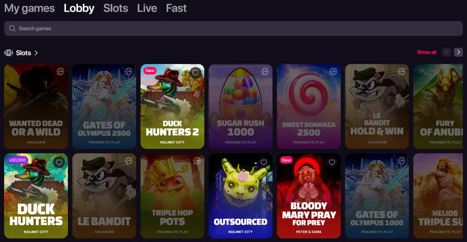 CHEXX casinobibliotheek met categorieën filters en diverse speltitels